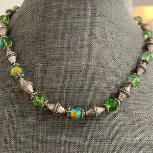 Green Glass Silver Tone Beaded Necklace